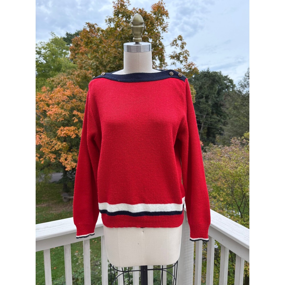 Vintage Jantzen Boat Neck Sweater Medium Red Nautical Lion Button Preppy Coastal